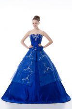 Comfortable Organza V-neck Sleeveless Lace Up Embroidery and Ruffled Layers Quinceanera Gown in Royal Blue