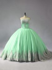  Apple Green Lace Up Sweetheart Appliques Quinceanera Gown Tulle Sleeveless Court Train