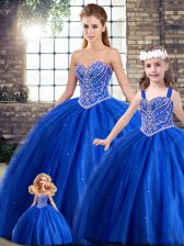 Traditional Blue Tulle Lace Up Sweetheart Sleeveless Quinceanera Gowns Brush Train Beading