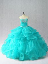  Floor Length Ball Gowns Sleeveless Aqua Blue Ball Gown Prom Dress Lace Up
