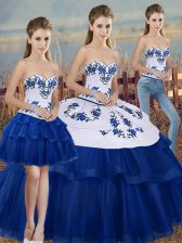 Wonderful Royal Blue Tulle Lace Up Sweetheart Sleeveless Floor Length Sweet 16 Dresses Embroidery and Bowknot