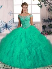  Turquoise Sleeveless Tulle Brush Train Lace Up Sweet 16 Dresses for Sweet 16
