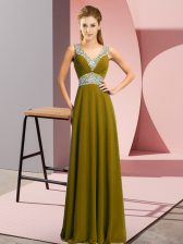  Floor Length Olive Green Prom Evening Gown V-neck Sleeveless Lace Up