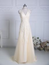 Elegant Champagne Tulle Brush Train Sleeveless Lace and Appliques