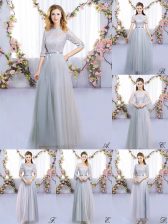  Grey Empire Tulle High-neck Half Sleeves Lace and Belt Floor Length Zipper Dama Dress for Quinceanera