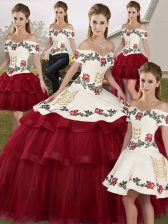 Custom Design Wine Red Lace Up Off The Shoulder Embroidery and Ruffled Layers Quince Ball Gowns Tulle Sleeveless Brush Train
