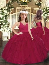 Admirable Burgundy V-neck Zipper Ruffles and Ruching Pageant Gowns For Girls Sleeveless