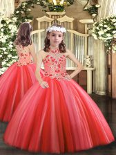 Superior Coral Red Tulle Lace Up Little Girls Pageant Dress Wholesale Sleeveless Floor Length Appliques