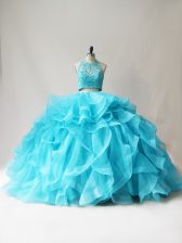  Aqua Blue Sleeveless Organza Lace Up Sweet 16 Dress for Sweet 16 and Quinceanera