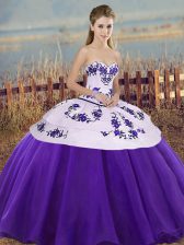  Floor Length White And Purple 15 Quinceanera Dress Tulle Sleeveless Embroidery and Bowknot
