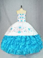 Custom Made Baby Blue Lace Up Sweetheart Embroidery and Ruffled Layers Vestidos de Quinceanera Organza Sleeveless
