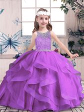  Purple Tulle Lace Up Little Girl Pageant Gowns Sleeveless Floor Length Beading and Ruffles