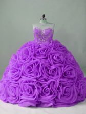 Comfortable Sleeveless Fabric With Rolling Flowers Brush Train Lace Up Quinceanera Dresses in Lavender with Beading
