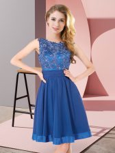 Beautiful Mini Length Backless Vestidos de Damas Blue for Wedding Party with Beading and Appliques