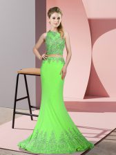  Prom Party Dress Satin Sweep Train Sleeveless Beading and Appliques