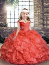 Best Straps Sleeveless Little Girls Pageant Dress Wholesale Floor Length Beading and Ruching Coral Red Organza