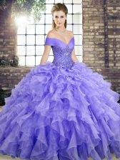 Smart Beading and Ruffles Ball Gown Prom Dress Lavender Lace Up Sleeveless Brush Train