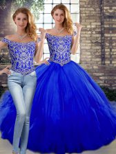  Royal Blue Sleeveless Floor Length Beading and Ruffles Lace Up Quinceanera Dresses