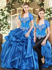  Blue Sweetheart Neckline Beading and Ruffles Quinceanera Dresses Sleeveless Lace Up