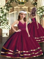 Unique Sleeveless Floor Length Ruffled Layers Zipper High School Pageant Dress with Burgundy