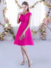 Custom Made Hot Pink Lace Lace Up V-neck Cap Sleeves Mini Length Damas Dress Lace