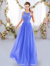  Blue Empire Chiffon Scoop Sleeveless Lace Floor Length Zipper Quinceanera Court of Honor Dress