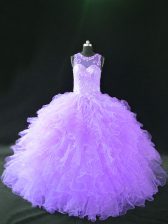 Charming Sleeveless Organza Floor Length Lace Up 15th Birthday Dress in Lavender with Beading and Ruffles