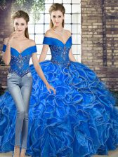 Edgy Sleeveless Organza Floor Length Lace Up 15 Quinceanera Dress in Royal Blue with Beading and Ruffles