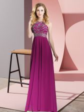Fitting Scoop Sleeveless Backless Prom Evening Gown Fuchsia Chiffon
