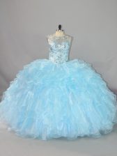 Exquisite Blue Quinceanera Gowns Sweet 16 and Quinceanera with Beading and Ruffles Scalloped Sleeveless Lace Up