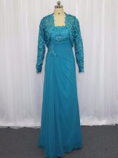 Vintage Blue Column/Sheath Strapless Sleeveless Chiffon Floor Length Zipper Lace and Appliques Prom Party Dress