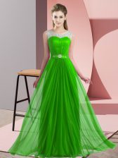 Flare Floor Length Green Quinceanera Dama Dress Scoop Sleeveless Lace Up