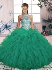  Turquoise Lace Up Vestidos de Quinceanera Beading and Ruffles Sleeveless Floor Length