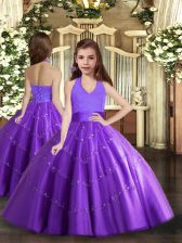  Floor Length Purple Kids Pageant Dress Halter Top Sleeveless Lace Up