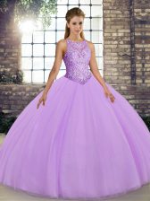 Fashionable Lavender Ball Gowns Tulle Scoop Sleeveless Embroidery Floor Length Lace Up Quinceanera Gowns