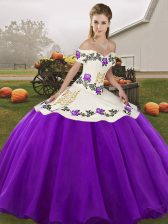  Floor Length White And Purple Sweet 16 Dresses Organza Sleeveless Embroidery