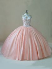 Extravagant Sleeveless Tulle Floor Length Lace Up Quinceanera Gowns in Peach with Beading and Lace
