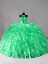 Best Sleeveless Organza Brush Train Lace Up Sweet 16 Quinceanera Dress in Green with Beading and Ruffles