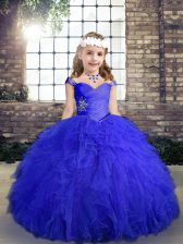  Sleeveless Tulle Floor Length Lace Up Little Girls Pageant Dress Wholesale in Blue with Beading and Ruffles