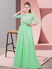  3 4 Length Sleeve Chiffon Floor Length Side Zipper Quinceanera Court of Honor Dress in Apple Green with Lace and Belt
