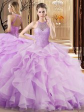  Lilac Sleeveless Brush Train Beading and Ruffles Quinceanera Dress