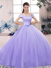  Tulle Short Sleeves Floor Length Sweet 16 Dress and Lace and Hand Made Flower