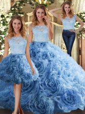  Baby Blue Three Pieces Lace 15th Birthday Dress Zipper Fabric With Rolling Flowers Sleeveless Floor Length