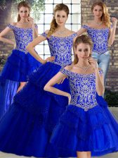 Custom Design Lace Up Quince Ball Gowns Royal Blue for Military Ball and Sweet 16 and Quinceanera with Beading and Lace Brush Train