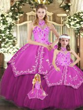 Exquisite Sleeveless Floor Length Embroidery Lace Up 15th Birthday Dress with Fuchsia