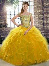 Custom Made Gold Tulle Lace Up Quinceanera Dresses Sleeveless Brush Train Beading and Ruffles