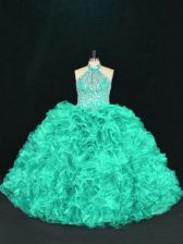 Noble Turquoise Ball Gowns Halter Top Sleeveless Organza Floor Length Lace Up Beading and Ruffles Vestidos de Quinceanera