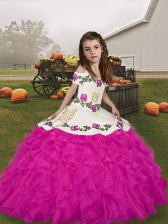 High End Straps Sleeveless Organza Little Girl Pageant Gowns Embroidery and Ruffles Lace Up