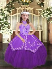  Floor Length Eggplant Purple Kids Formal Wear Halter Top Sleeveless Lace Up