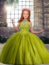 Fantastic Olive Green Lace Up High-neck Beading Little Girl Pageant Gowns Tulle Sleeveless